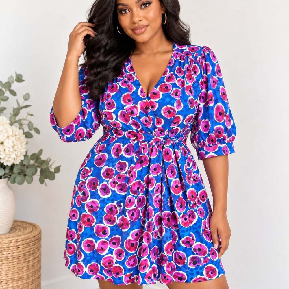 Vintage Salvadori Albani Paris Floral Dress  Blue Pink Puff Sleeve Retro